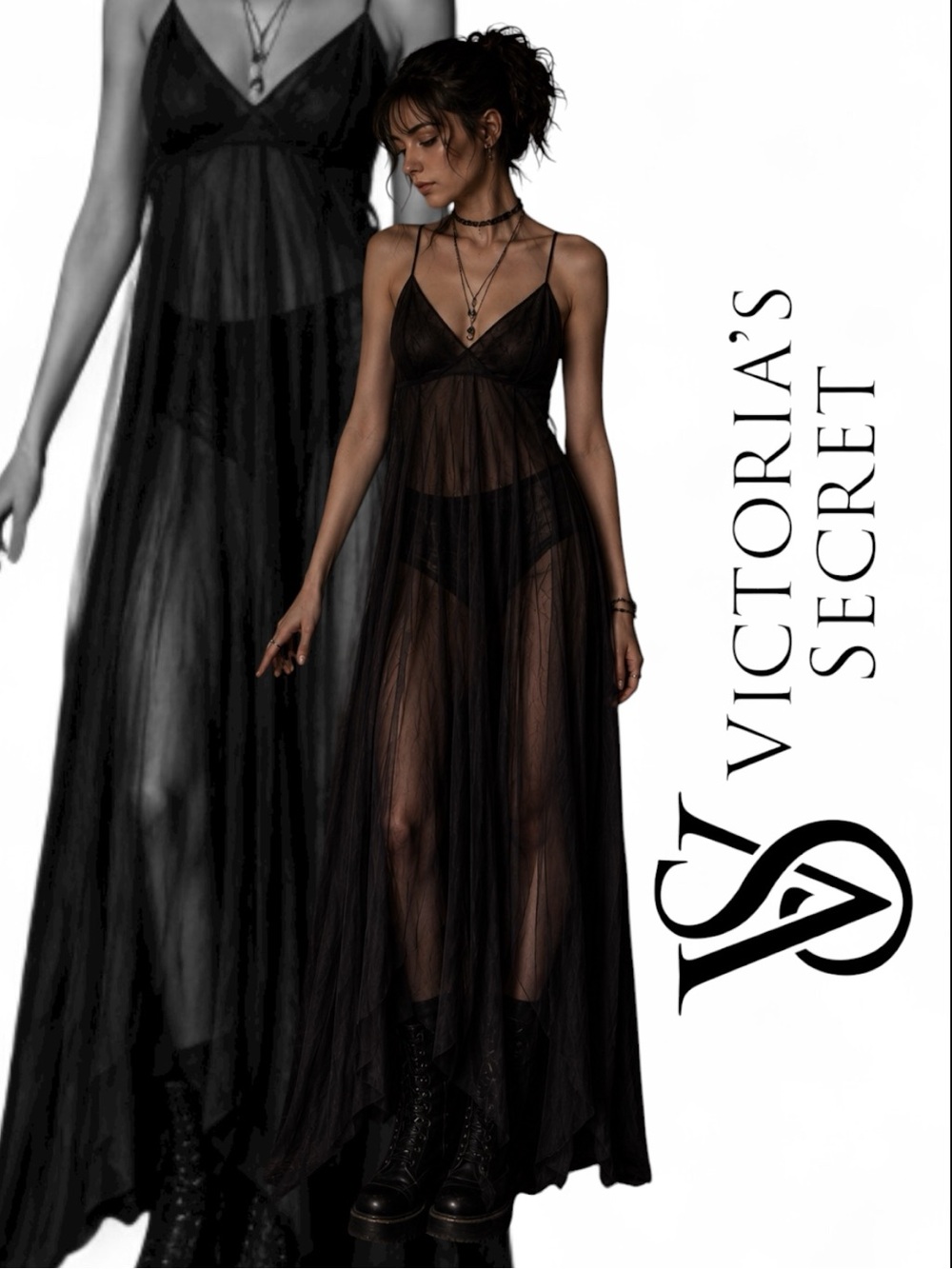 Vintage Victoriaās Secret Black Sheer Mesh Maxi Dress Y2K Gothic Fairy Lingerie
